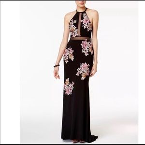 Xscape Embellished Halter Jersey Floral Gown